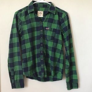 HOLLISTER blue green plaid button up flannel shirt small preppy grunge cotton